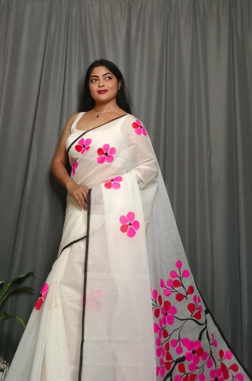Exclusive Collection Beautiful White Pink Pure Cotton Hand Print Handloom Saree With Running Blouse Piece - Swadesiicart