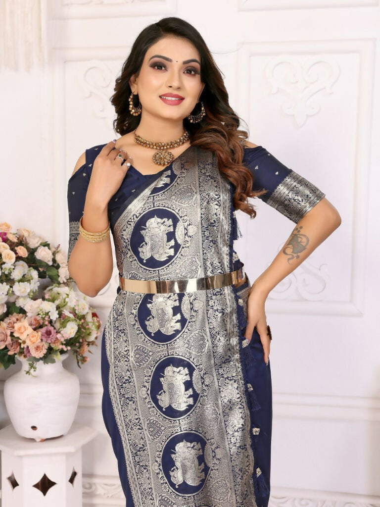 Anaita Navy Blue Banarasi Silk With Beautiful Gala Weaving Saree With Blouse | Swadesiicart
