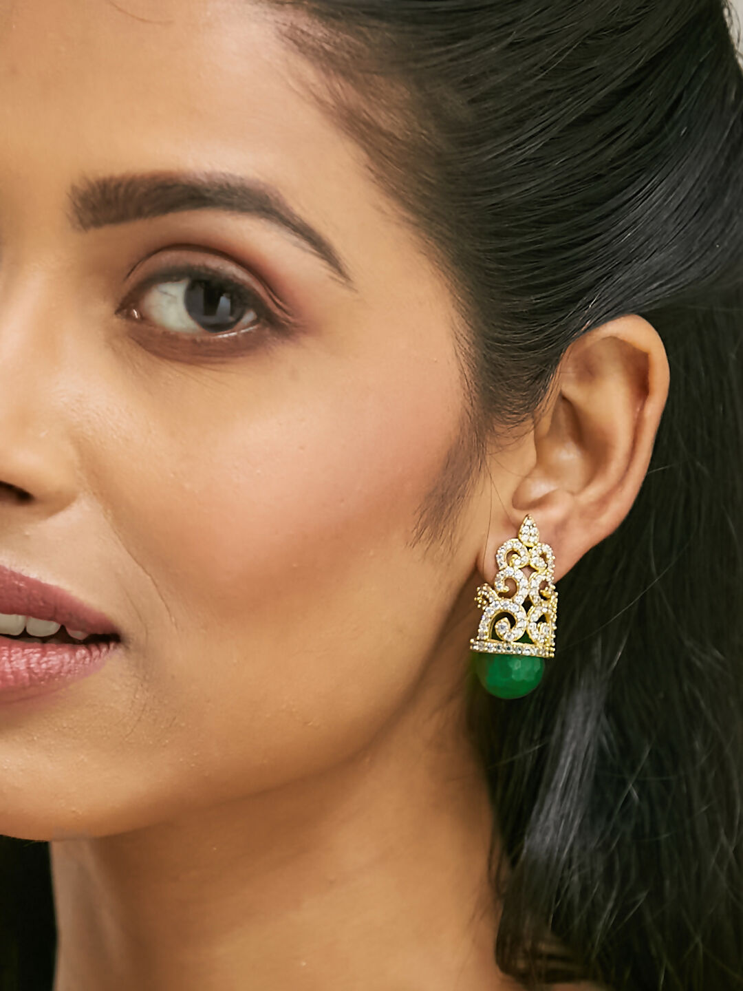 Nuyug 22K Gold-Plated Green Gemstone & Zircon Studded Contemporary Filigree Motif Studs | Swadesiicart