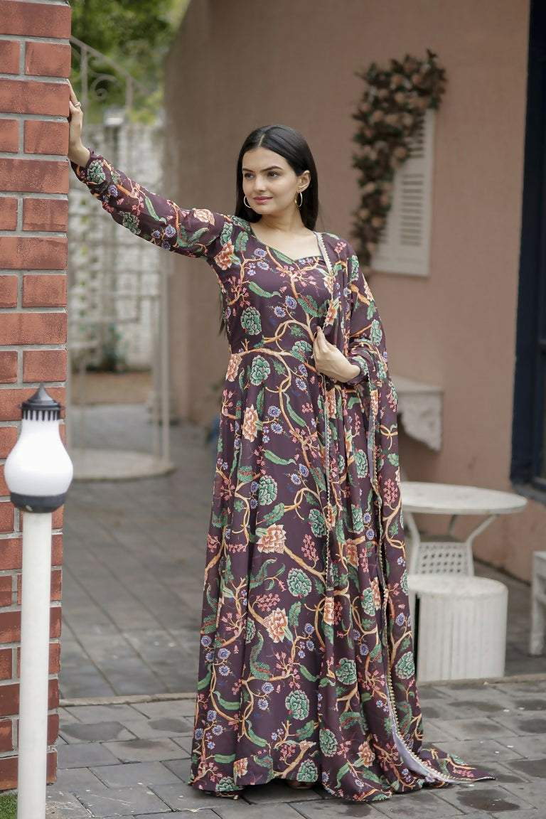 Jyoti Fashion Women's Coffee Faux Georgette Floral Digital Printed Anarkali Dress with Dupatta | Swadesiicart