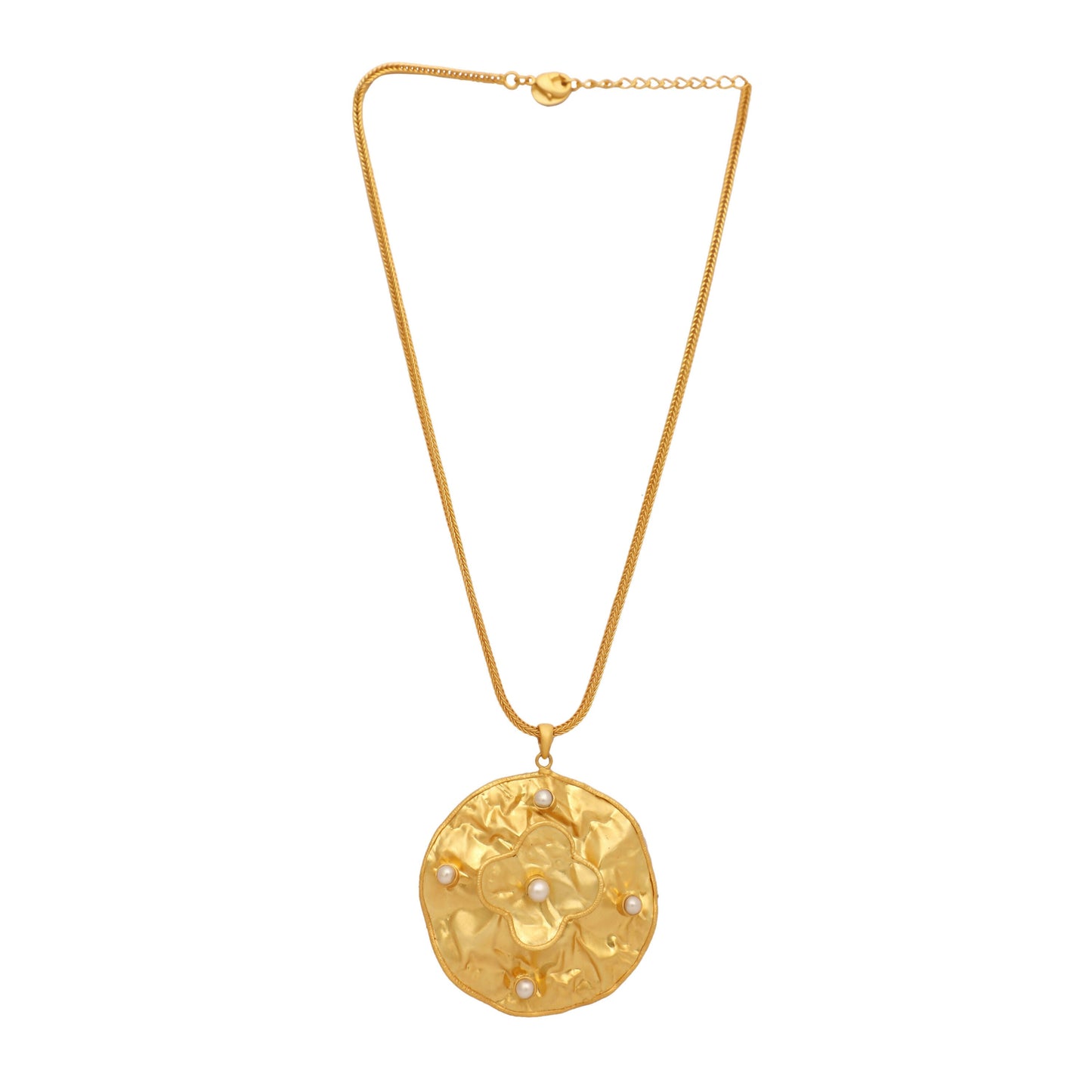 Nuyug 18K Gold-Plated Pearl Embellished Minimal Chain Textured Surface Floral Pendant Necklace | Swadesiicart