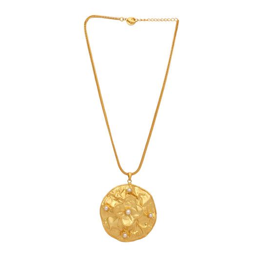 Nuyug 18K Gold-Plated Pearl Embellished Minimal Chain Textured Surface Floral Pendant Necklace | Swadesiicart
