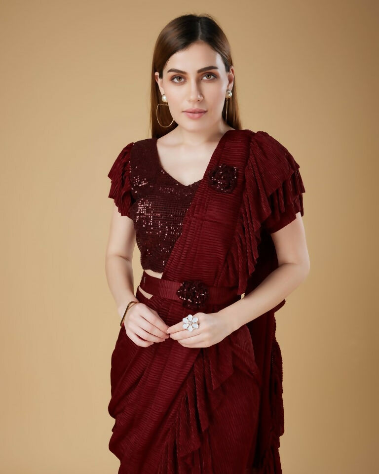 Maroon Imported Crush Solid Ready to Wear Saree with stitched Blouse - Aayan | Swadesiicart