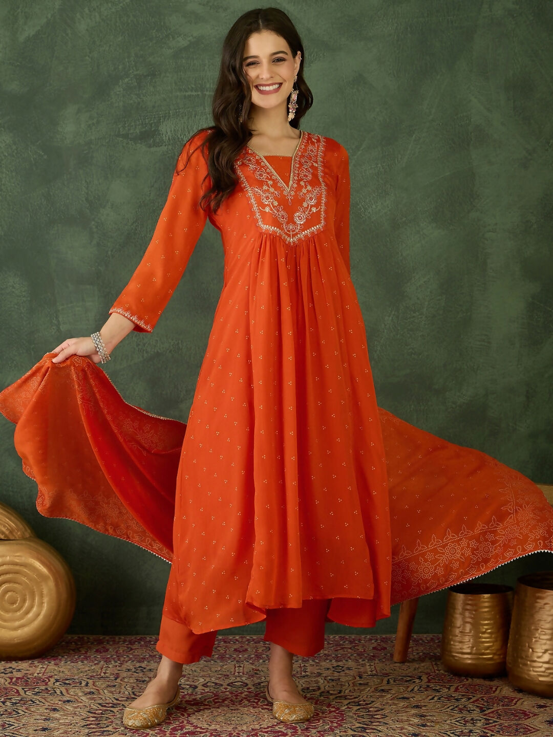 The52 Orange Women's Gorgeous Embroidered Chinon Fabric Flared Kurta Pant and Dupatta Set - Swadesiicart