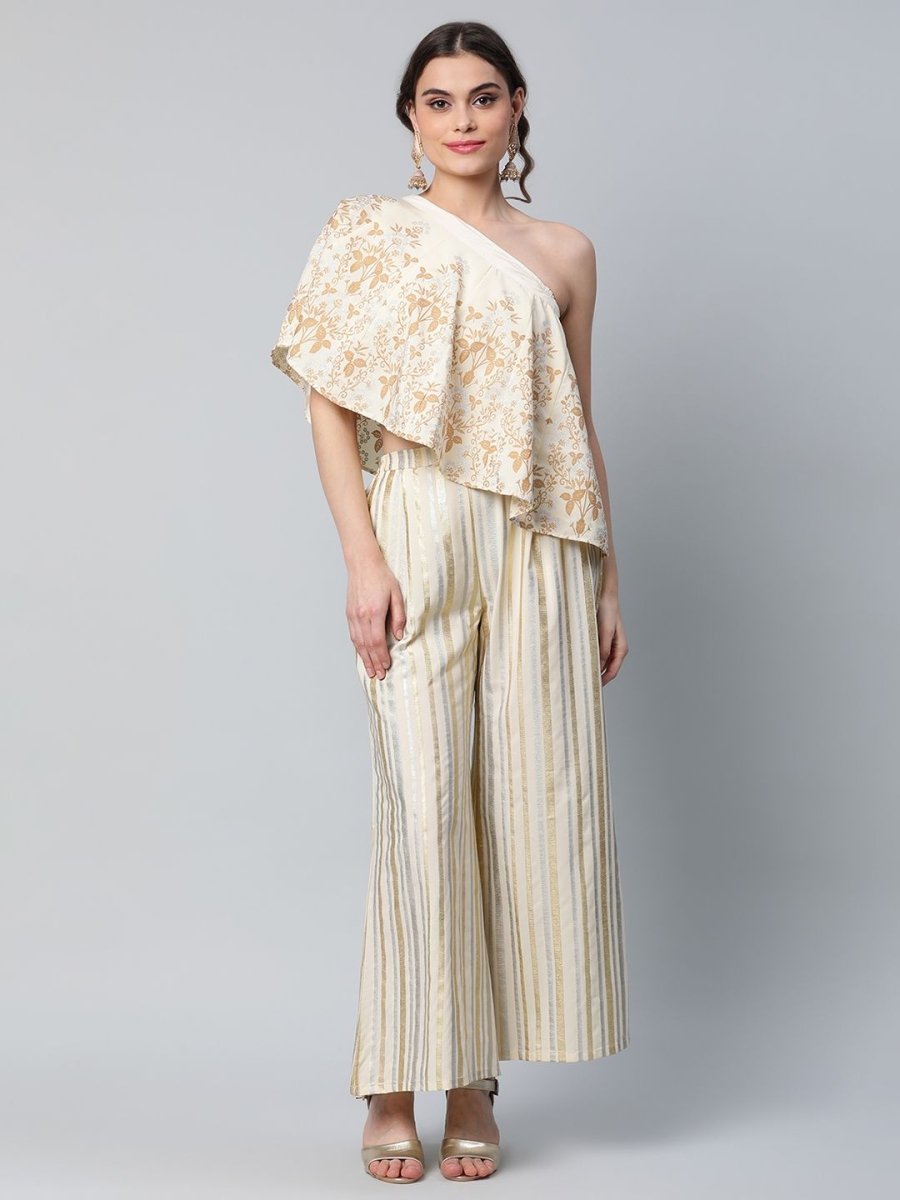 Ahalyaa Women Off White Crepe Floral Printed Top with Palazzos | Swadesiicart