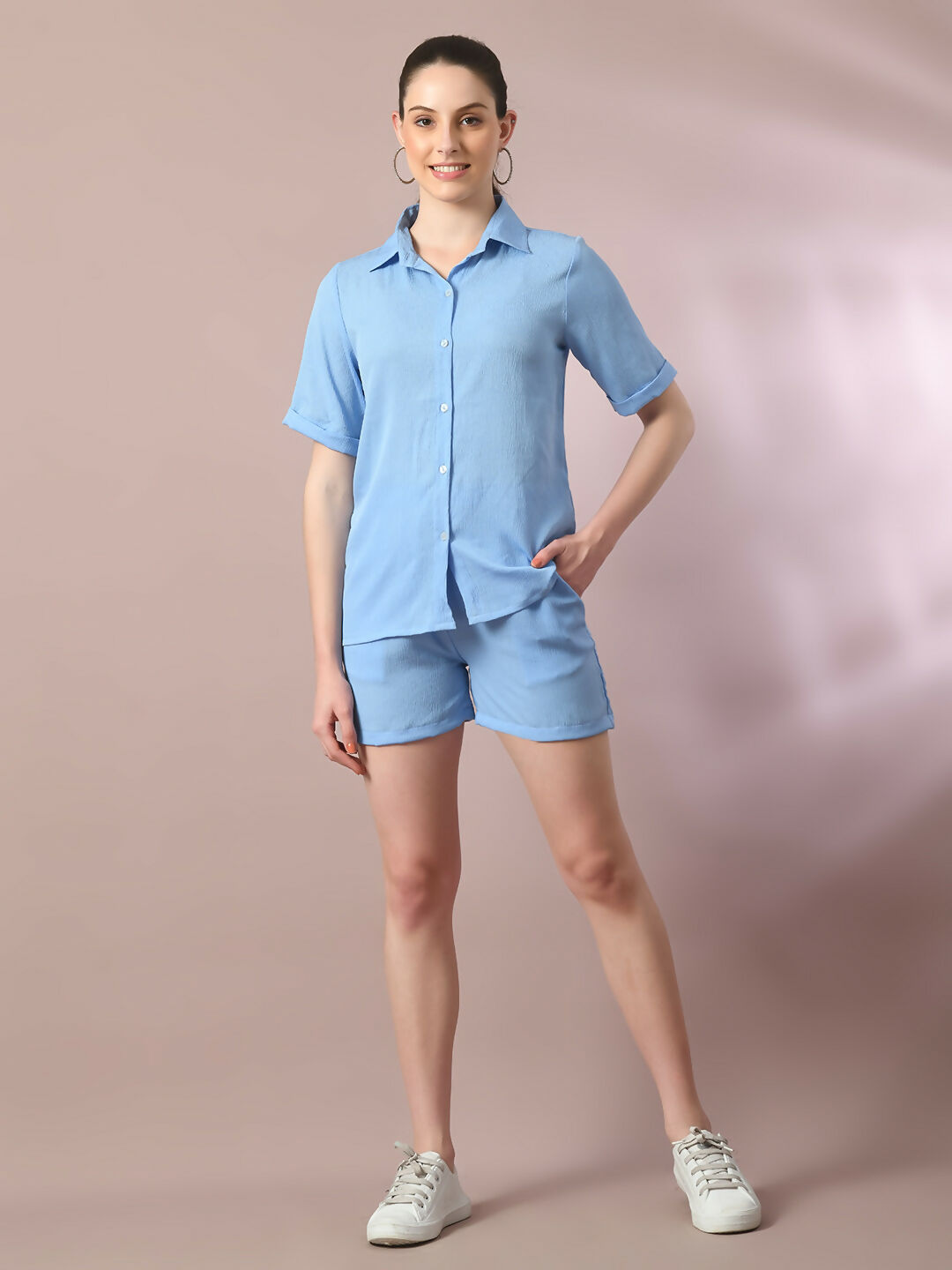Myshka Women's Blue Solid Shirt Collar Party Shirt With Shorts Co-ord set - Swadesiicart