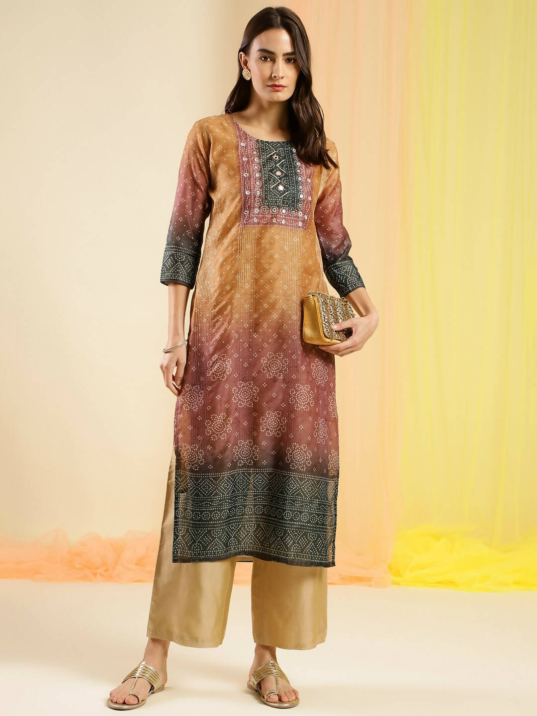 Orange Chinon Digital Printed With Hand Work Kurta - Himanshi - Swadesiicart