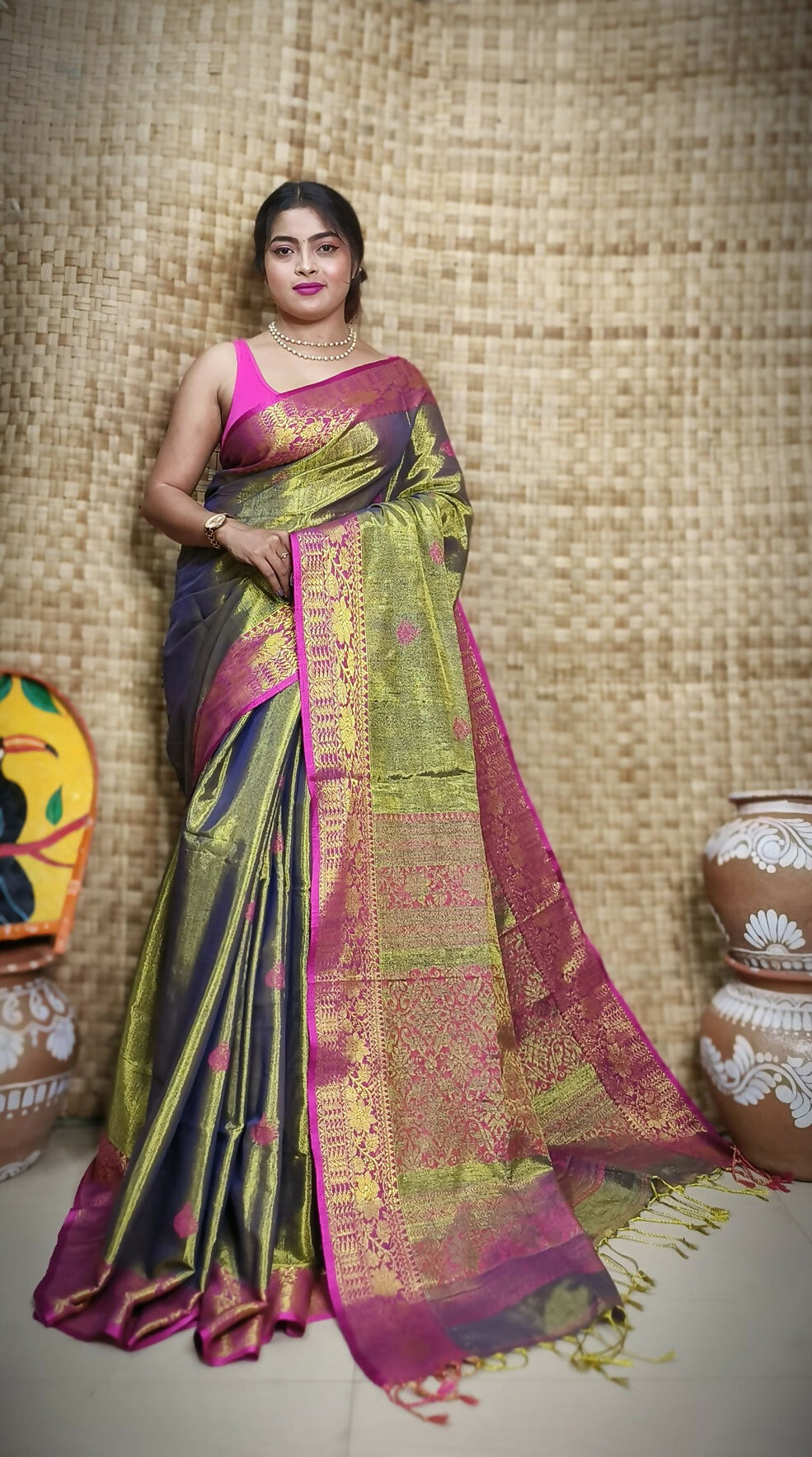 Exclusive Collection Golden Olive Beautiful Tissue Benarasi Saree - Swadesiicart