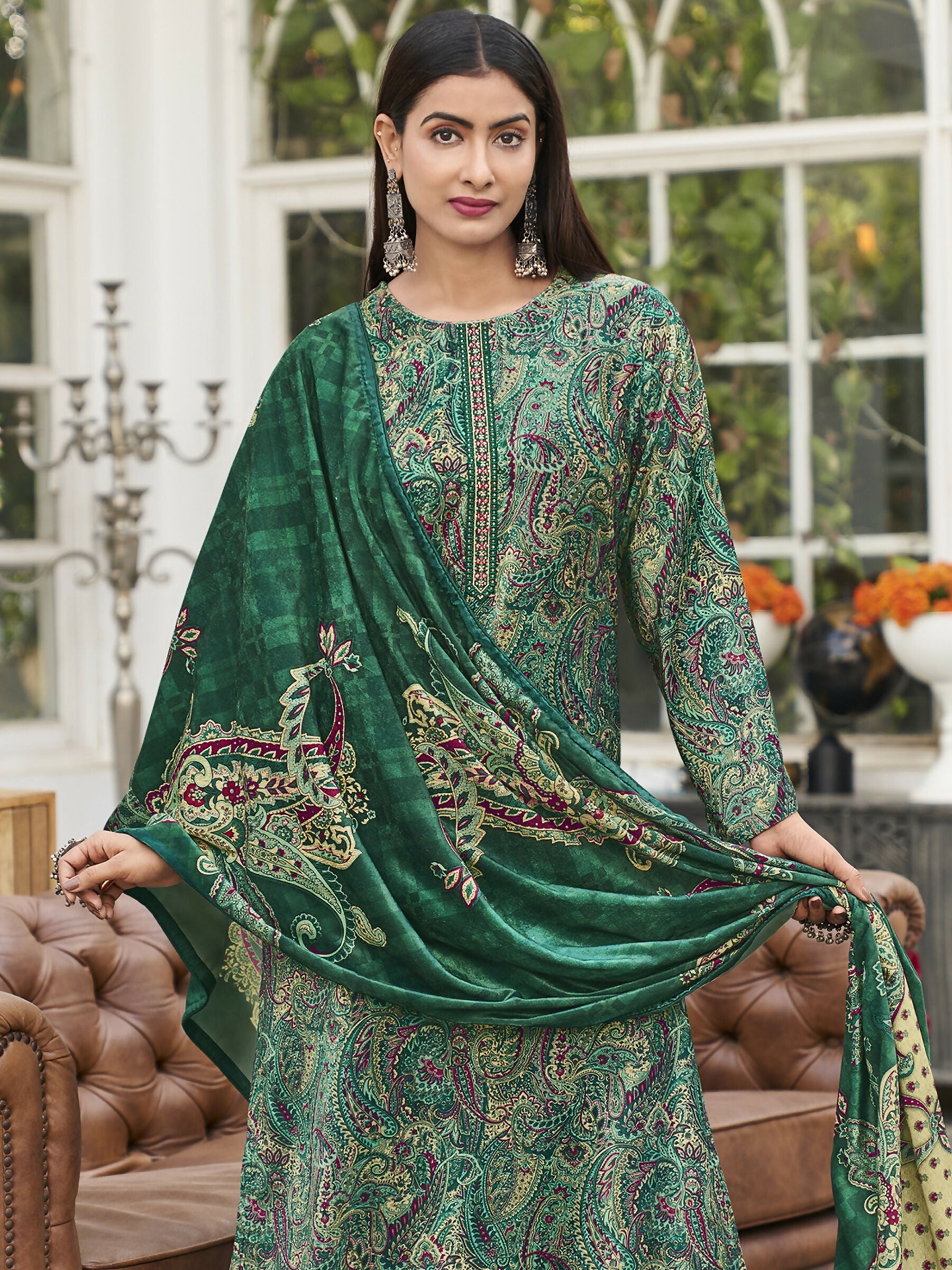 Jyoti Fashion Women's Green Velvet Digital Print with Resham Thread work Kurta with Trouser & Dupatta | Swadesiicart