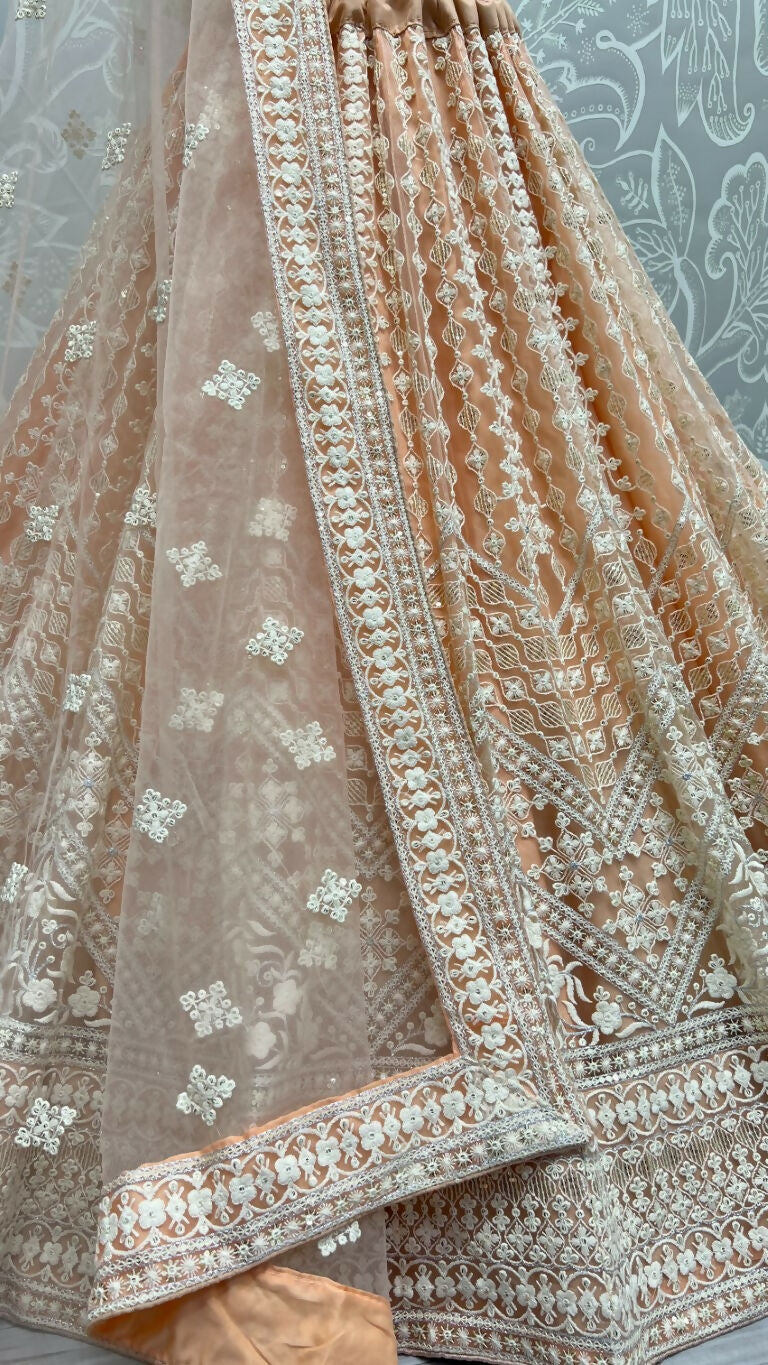 Jyoti Fashion Women's Peach Net Patterned Thread Embroidered with Sequins Wedding Lehenga Choli | Swadesiicart