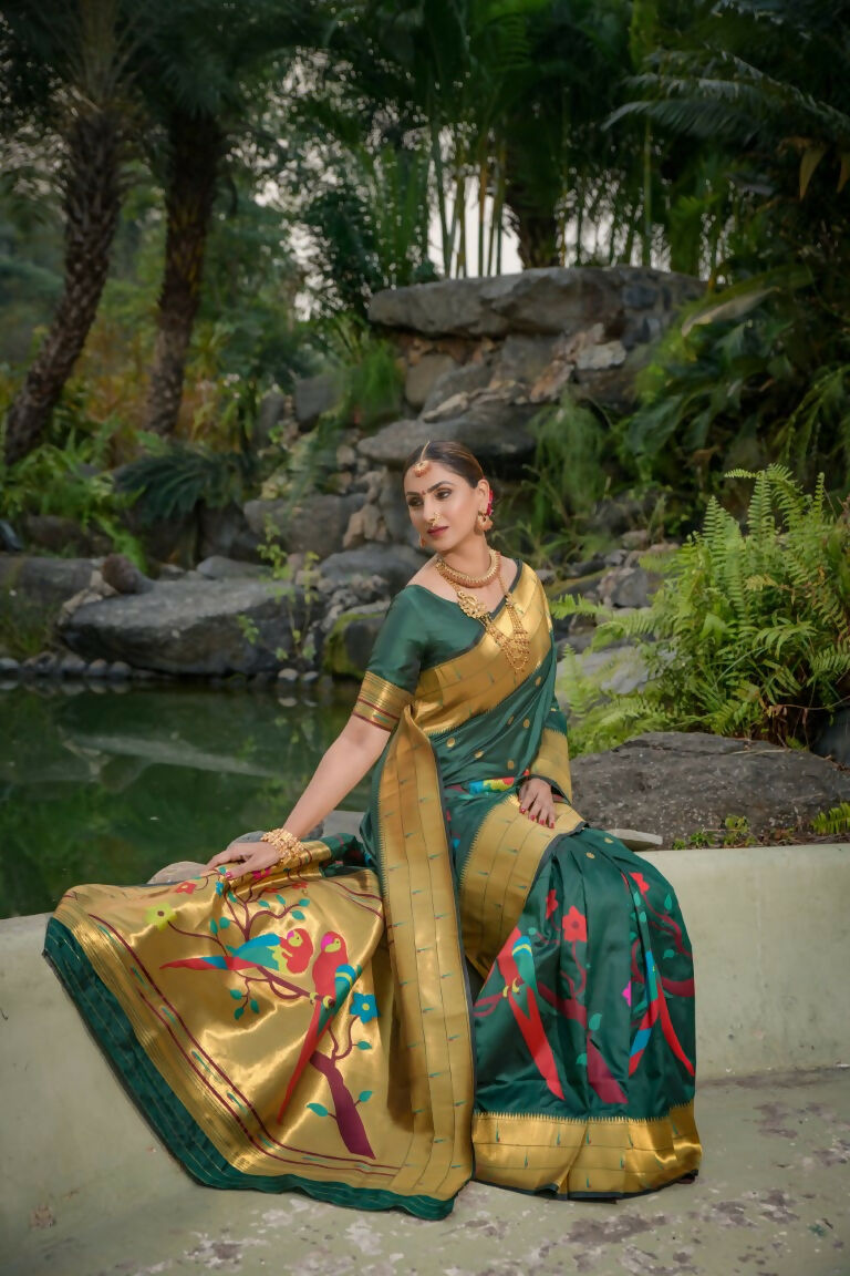Jyoti Fashion Women's Bottle Green Paithani Silk Zari Woven Saree with Blouse | Swadesiicart