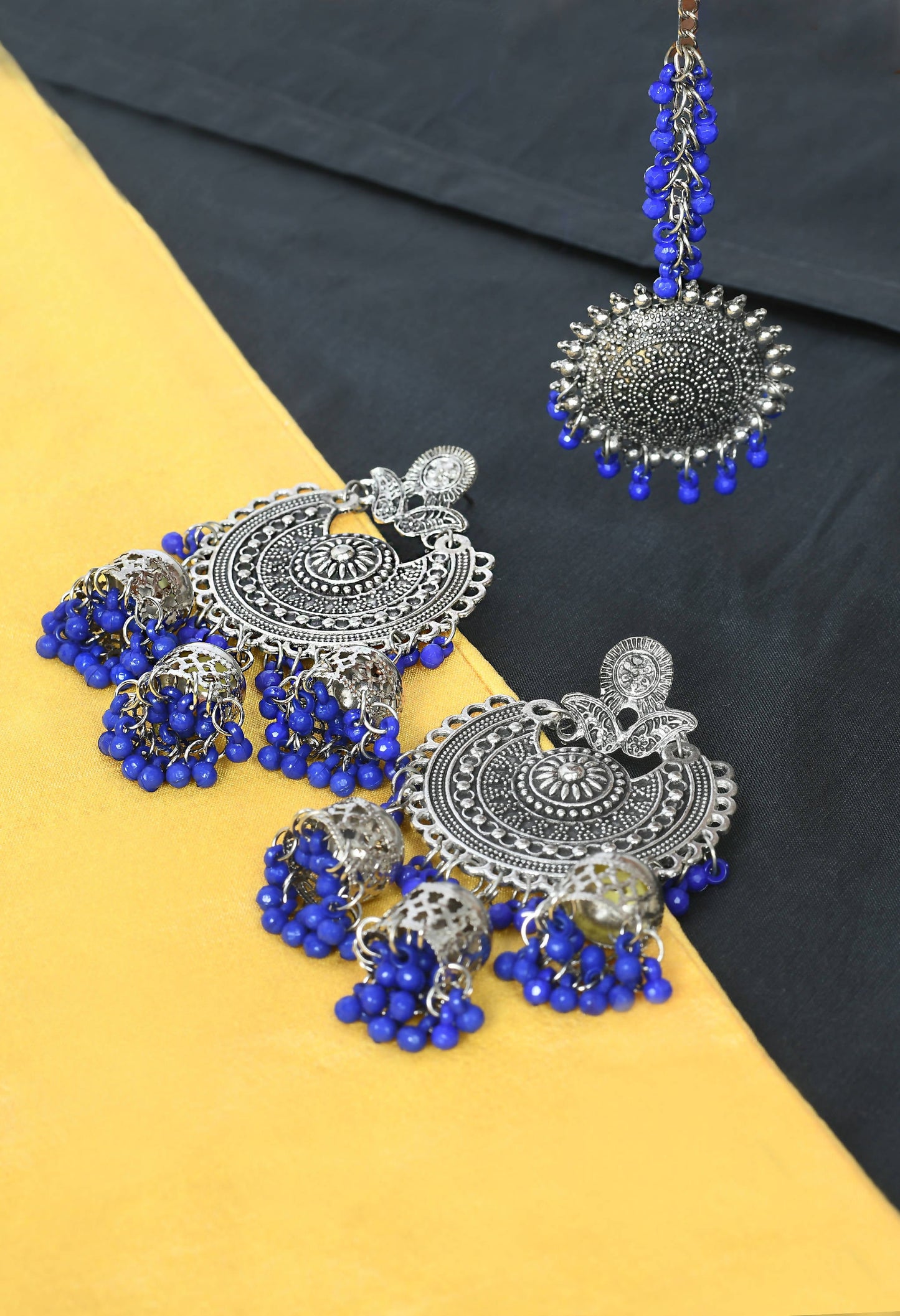Mominos Fashion Johar Kamal Silver Jhumkas With Maang Tikka Earrings - Swadesiicart