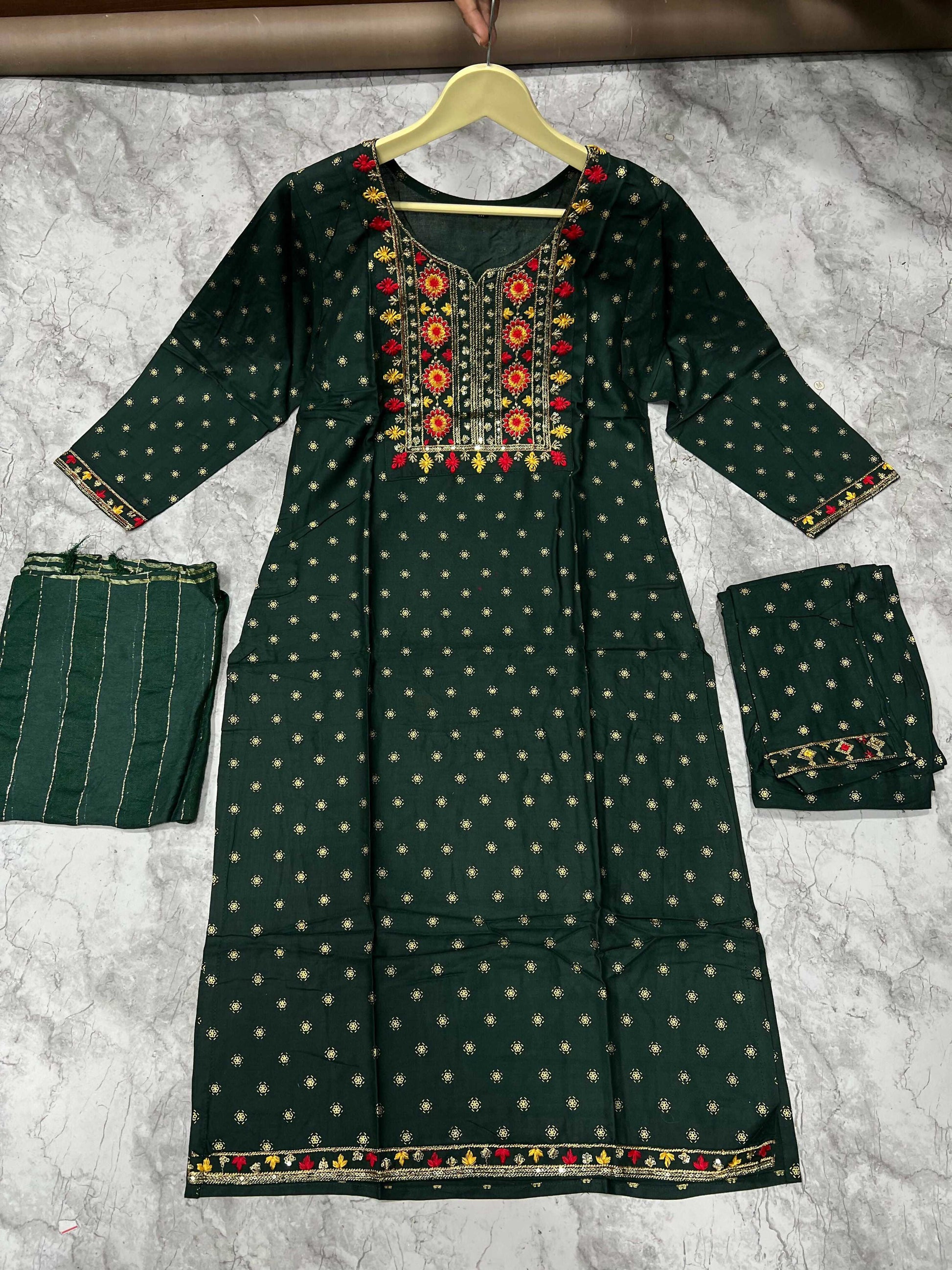 Jyoti Fashion Women's Bottle Green 14KG Rayon Foil Print with Embroidery Kurta Set | Swadesiicart