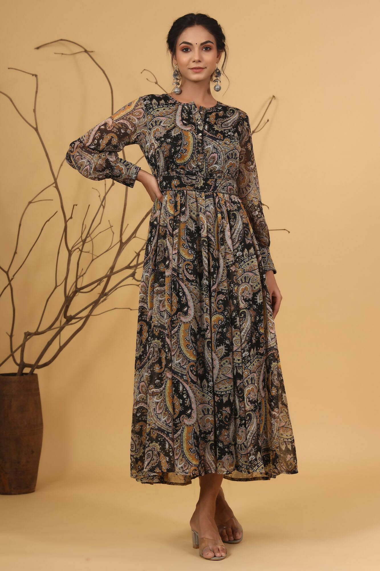 Juniper Women Black Chiffon Printed Flared Dress | Swadesiicart