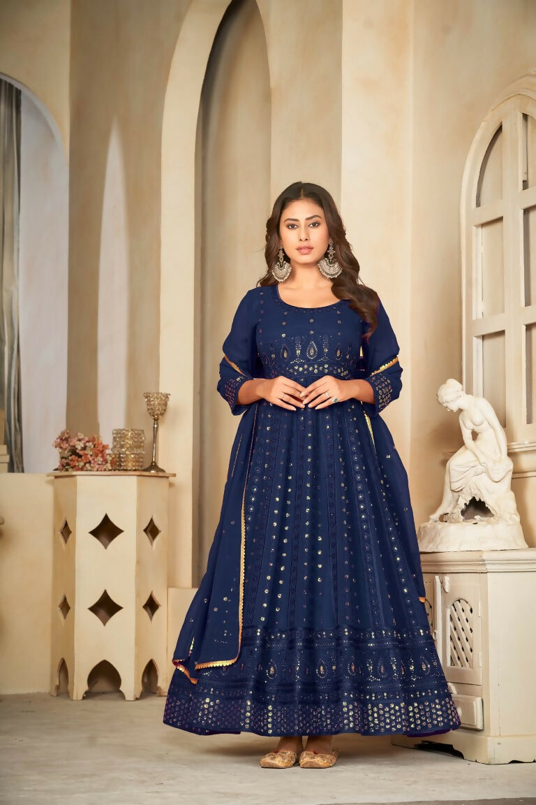 Jyoti Fashion Women's Blue Georgette Embroidered Anarkali Kurta Pant Set With Dupatta | Swadesiicart