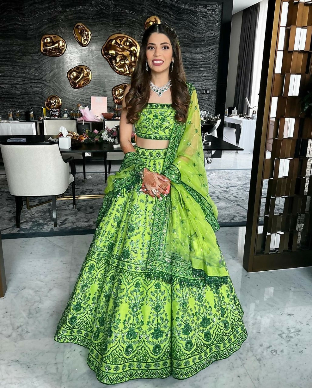 Jyoti Fashion Green 3MM Sequin Jari Embroidered Malai Satin Silk Lehenga Choli with Dupatta | Swadesiicart