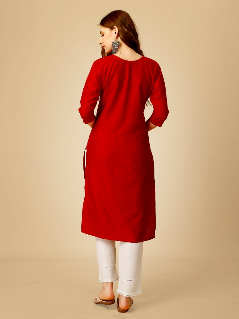 Jyoti Fashion Women's Red Cotton Blend Embroidered Kurta Pant Set | Swadesiicart