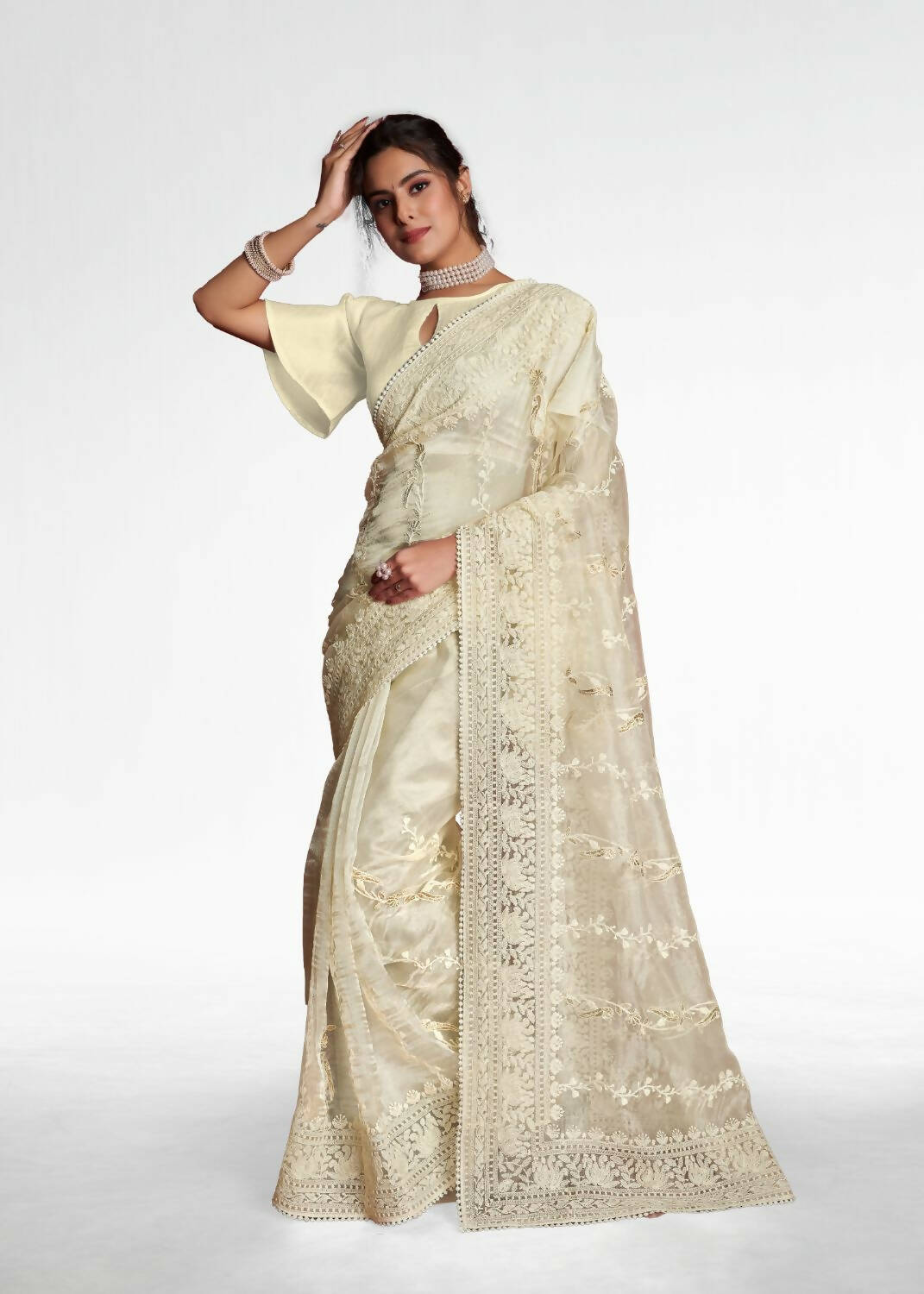 Vamsee White Organza Saree - Swadesiicart