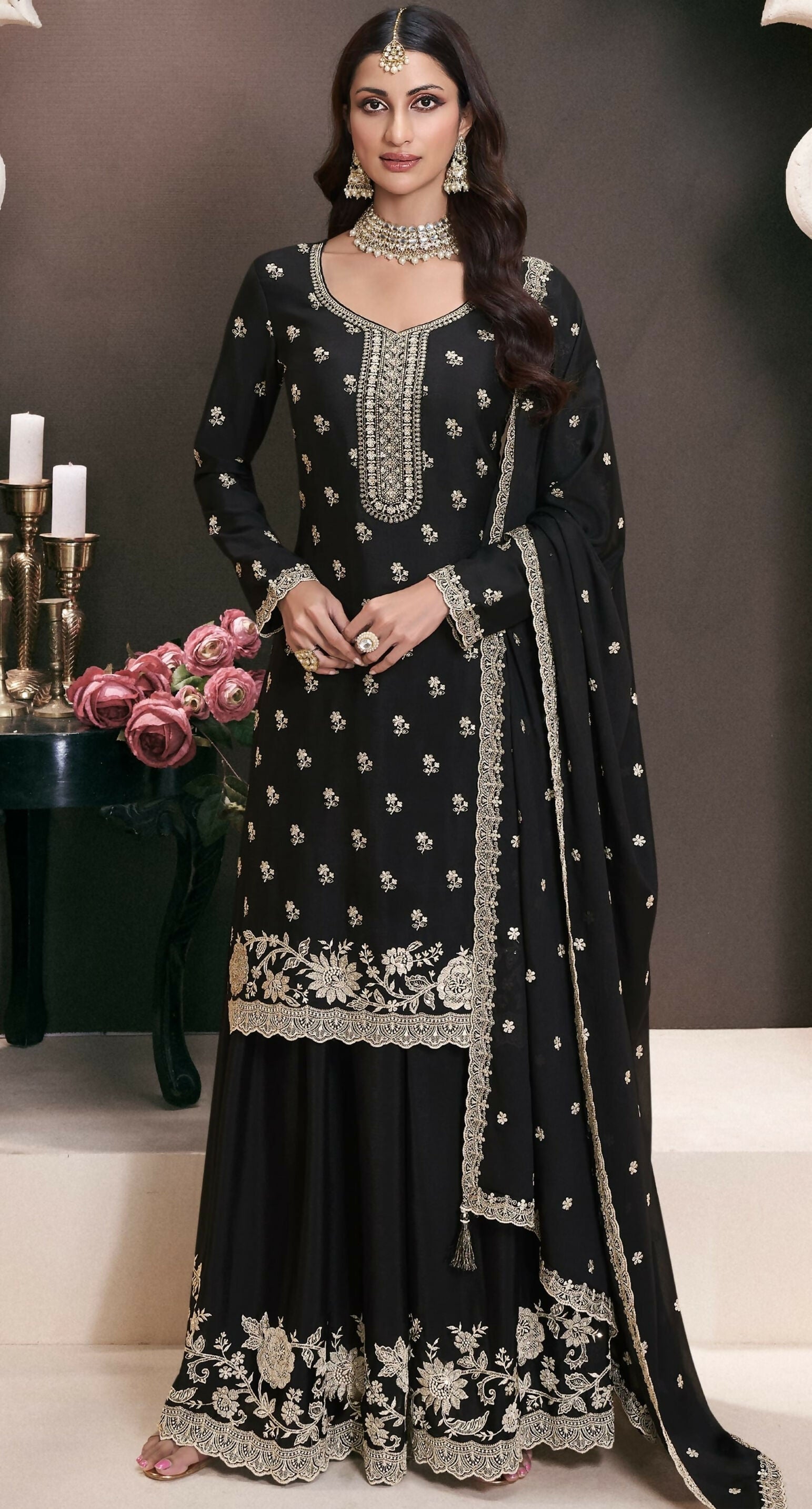 Anaita Black Chinon Embroidered Thread Work Stitched Salwar Suit
