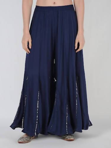 Mominos Fashion Navy Blue Viscose Rayon Flared Palazzo with Mirror Lace Work - Mominos Fashion