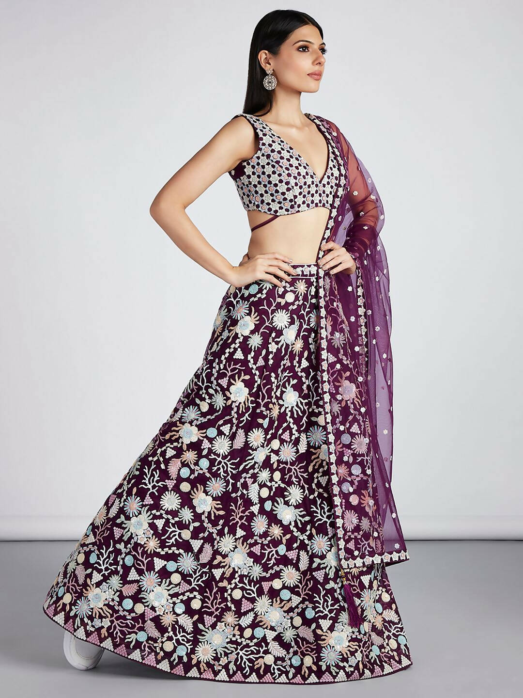 House of Panchhi Burgundy Net heavy Sequinse embroidery Semi-Stitched Lehenga choli & Dupatta | Swadesiicart