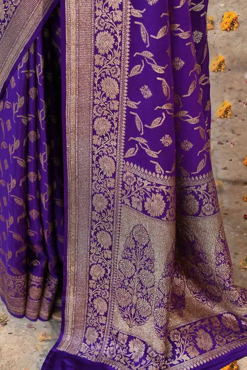 Joban Fashion Purple Crepe Chiffon Pure Handloom Banarasi Silk Saree | Swadesiicart