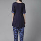 Ahalyaa Women Navy Blue Rayon Wax Printed Angrakha Gotta Patti Tunic With Trousers | Swadesiicart