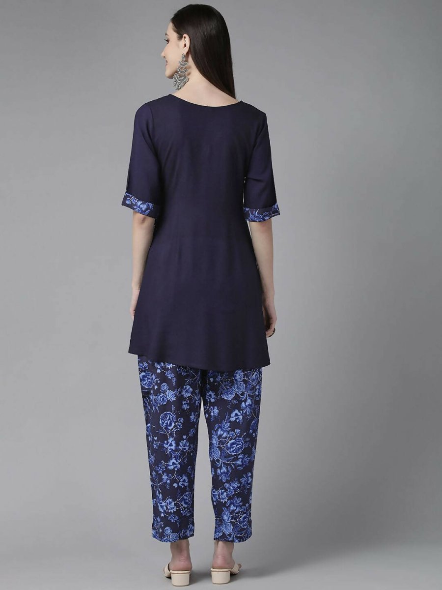 Ahalyaa Women Navy Blue Rayon Wax Printed Angrakha Gotta Patti Tunic With Trousers | Swadesiicart
