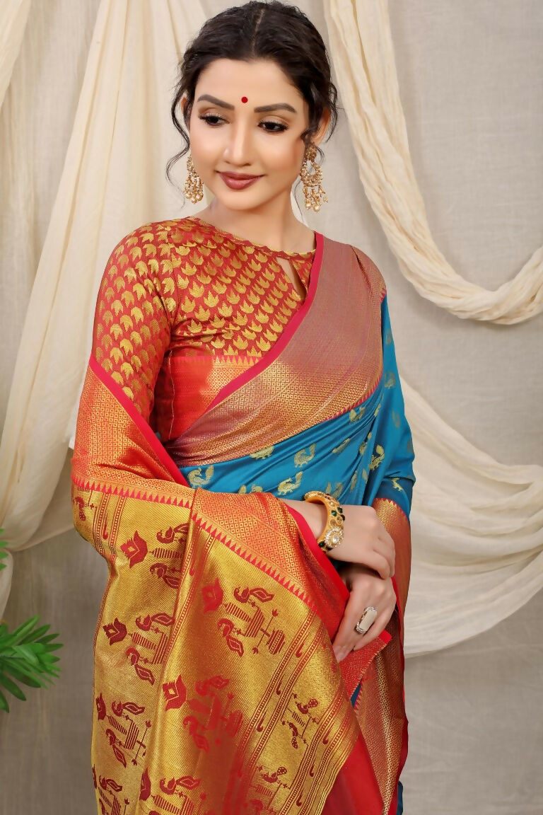 Jyoti Fashion Women's Firozi Banarasi Silk Zari Woven Saree with Blouse | Swadesiicart