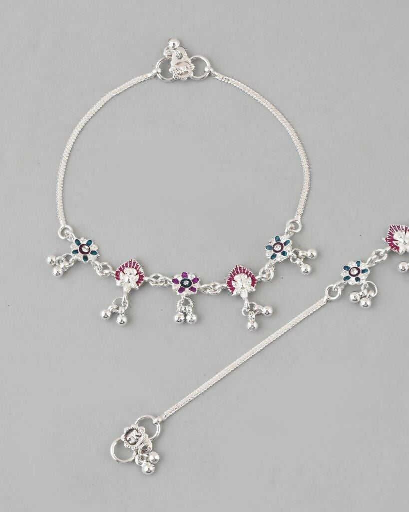 VOJ Set of 2 Silver Plated Designer Multi Color Anklet - Swadesiicart