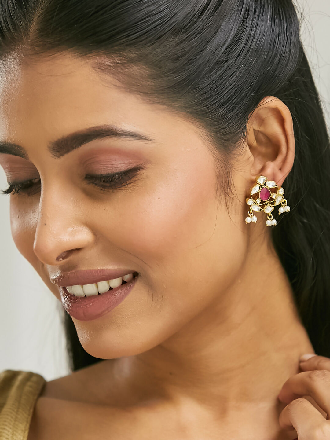 Nuyug 22K Gold-Plated Elegant Kundan & Ruby Stone Studded & Beaded Studs | Swadesiicart