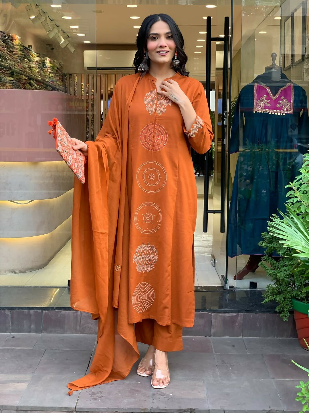 The52 Orange Women's Gorgeous Chanderi Fabric Embroidered Work Straight Kurta Pant and Dupatta Set - Swadesiicart