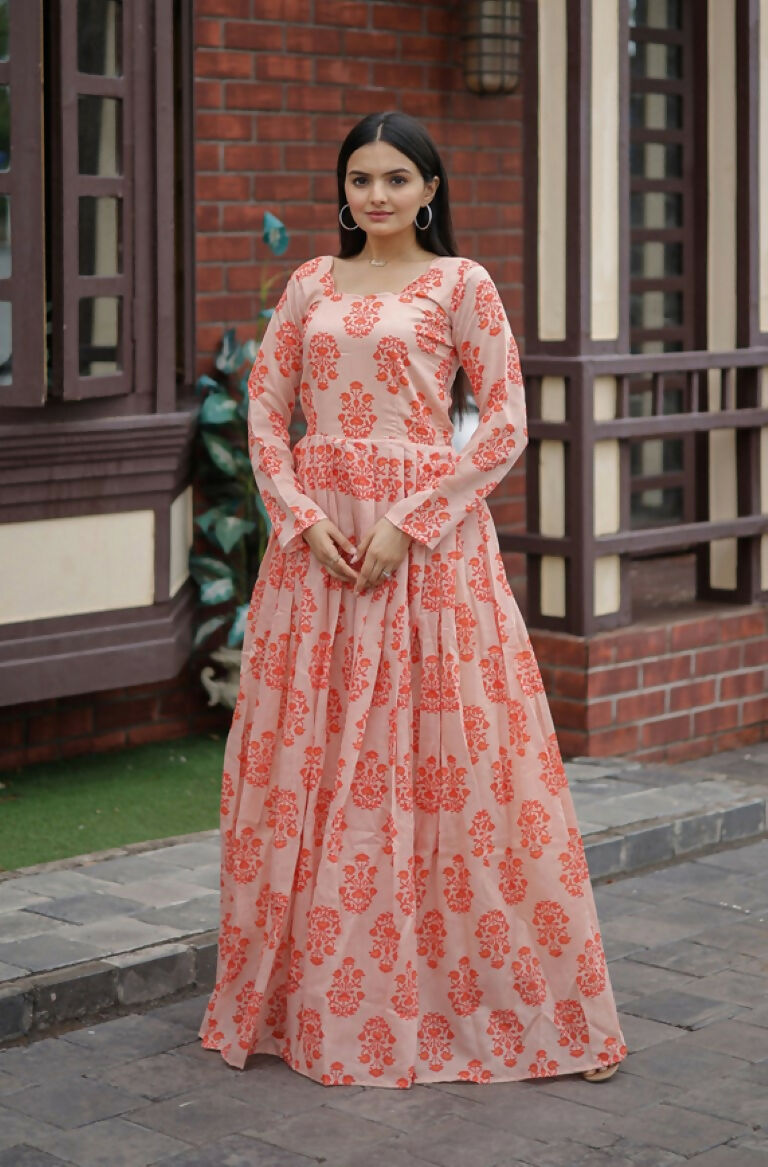 Jyoti Fashion Women's Peach Heavy Digital Printed Pure Chanderi Anarkali Dress | Swadesiicart