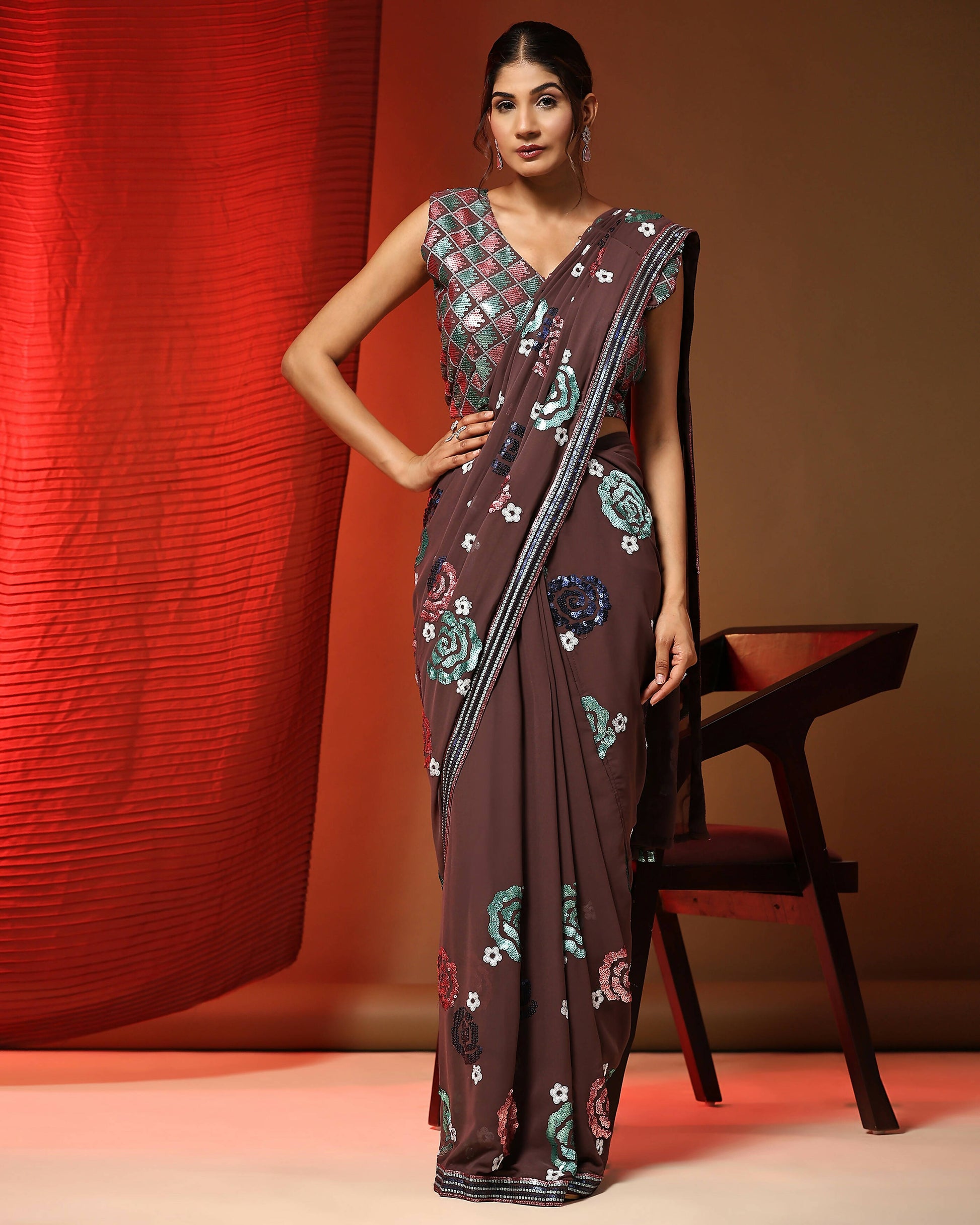 Brown Pure Georgette Sequence work Ready to wear Saree with stitched Blouse - Nirvana | Swadesiicart
