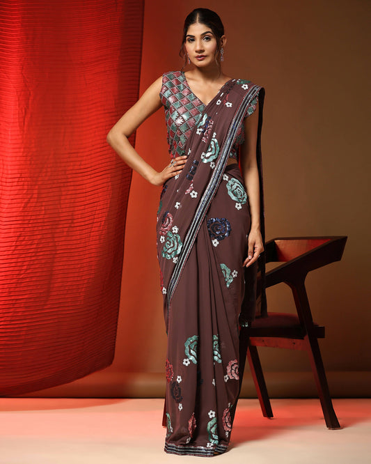 Brown Pure Georgette Sequence work Ready to wear Saree with stitched Blouse - Nirvana | Swadesiicart