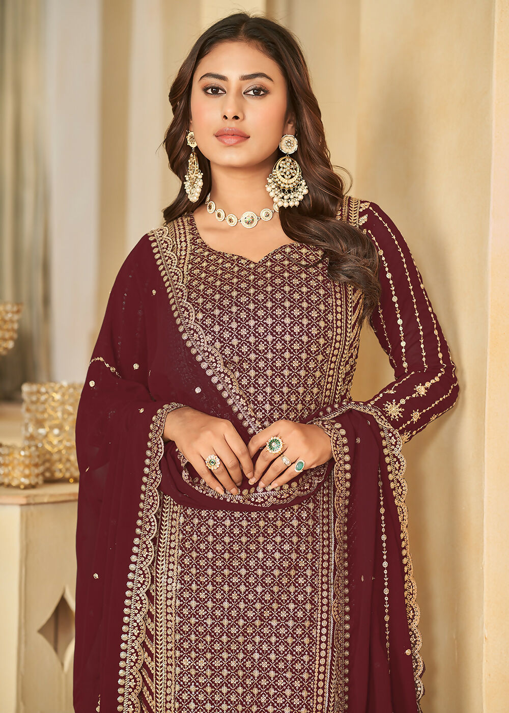 Mesmeric Maroon Faux Georgette Palazzo Suit with Embroidery - Emponline | Swadesiicart