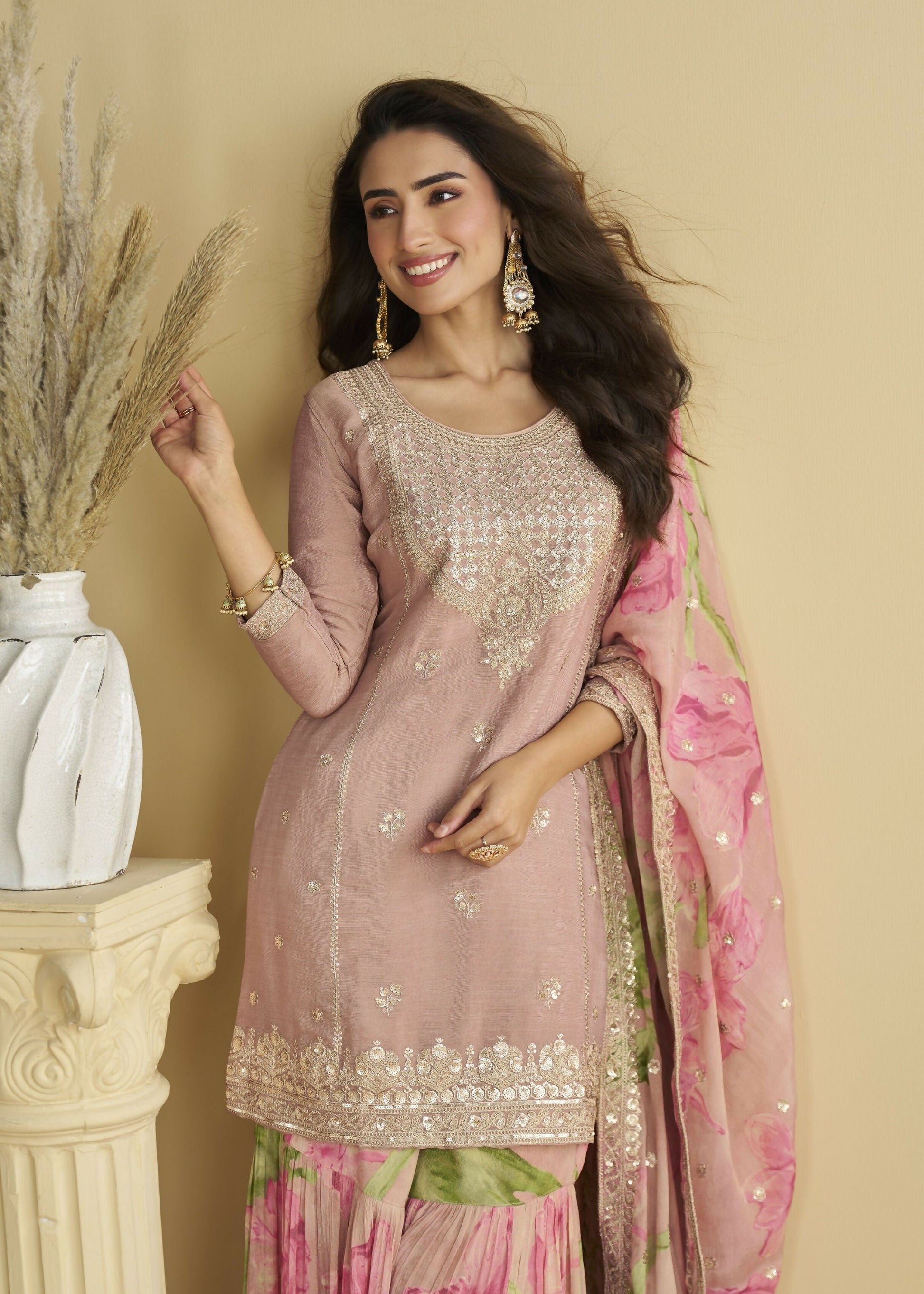 Anaita Pink Chinon Readymade Sharara Suit with Embroidery Sequence Work