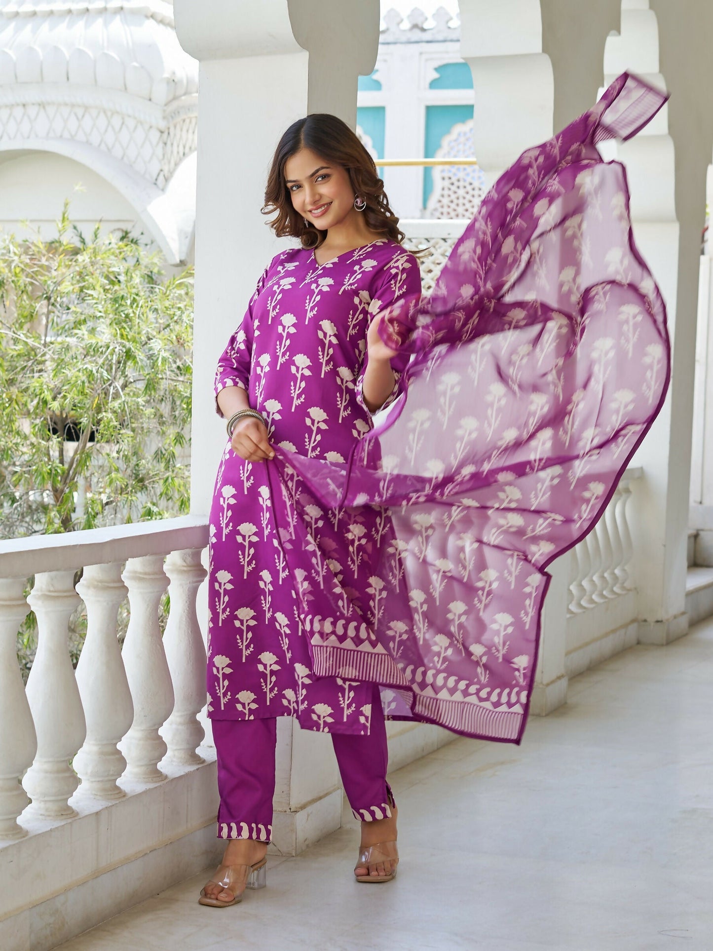 The52 Wine Women's Beautiful Cotton Blend Fabric Printed Work Straight Kurta, Pant and Dupatta Set - Swadesiicart
