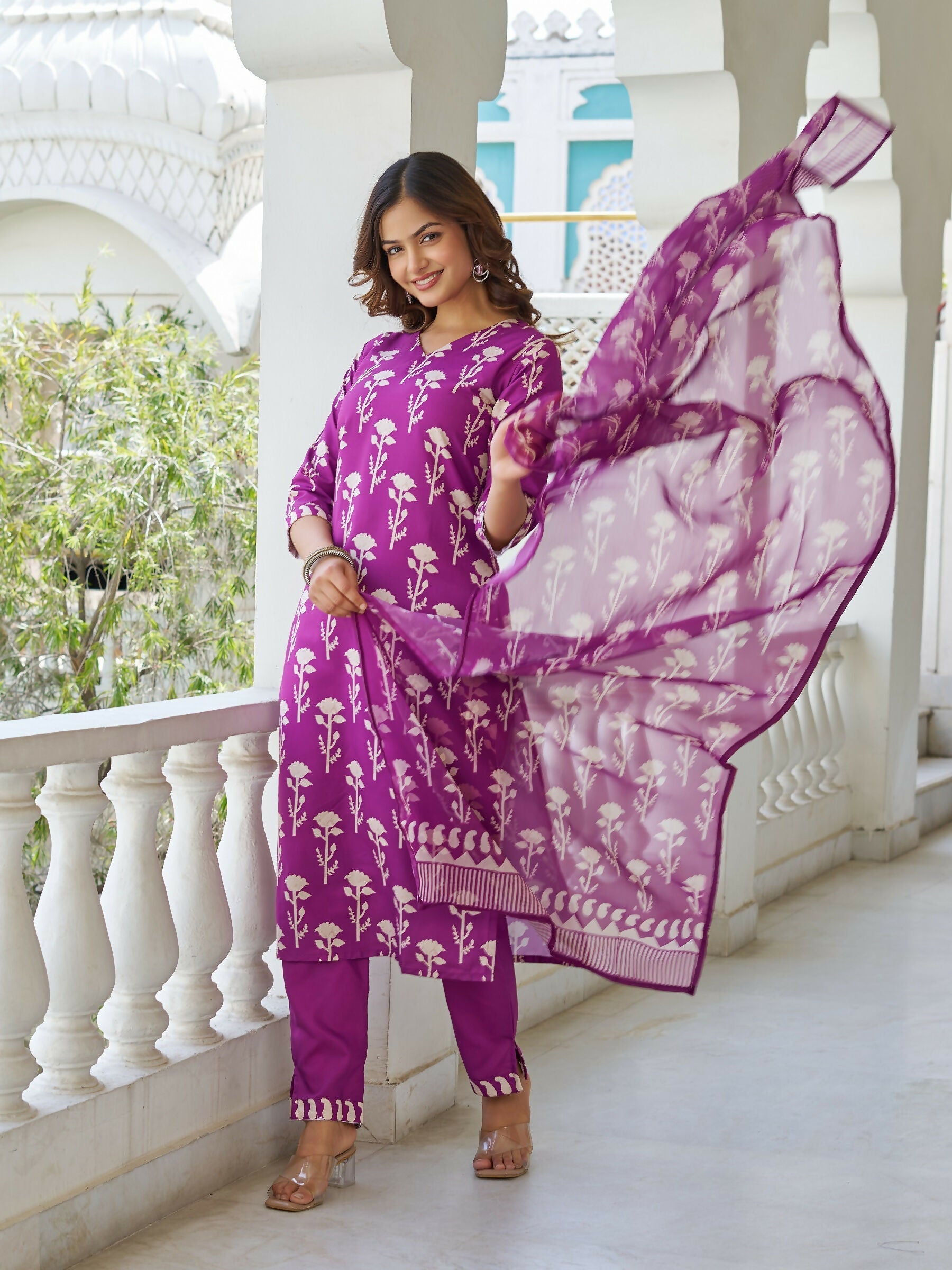The52 Wine Women's Beautiful Cotton Blend Fabric Printed Work Straight Kurta, Pant and Dupatta Set - Swadesiicart