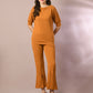 Myshka Women's Mustard Solid Boat Neck Party Top With Trousers Co-ord set - Swadesiicart