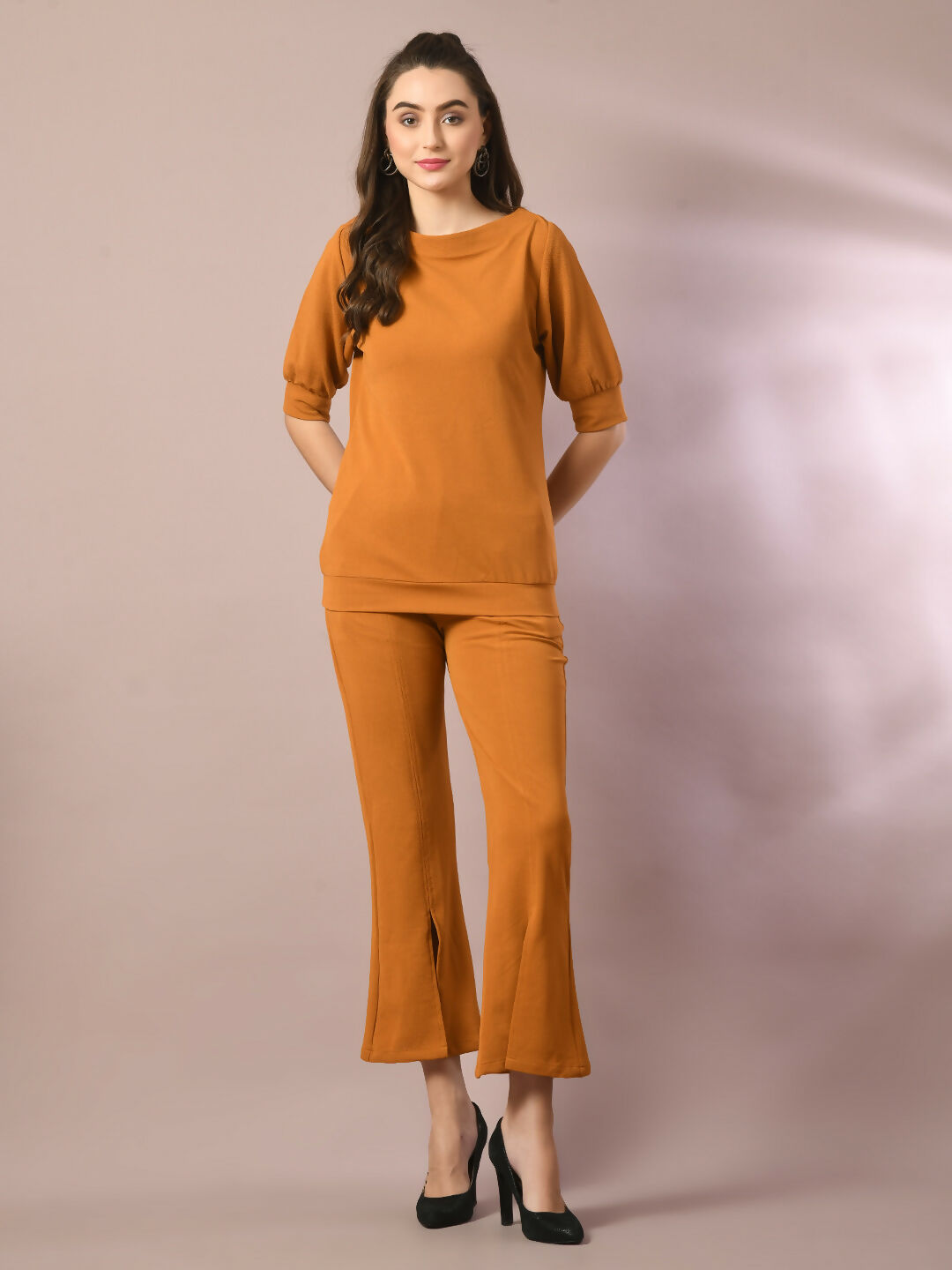 Myshka Women's Mustard Solid Boat Neck Party Top With Trousers Co-ord set - Swadesiicart