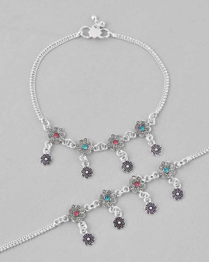 VOJ Set of 2 Silver Plated Flower Shaped Meenakari Anklet - Swadesiicart