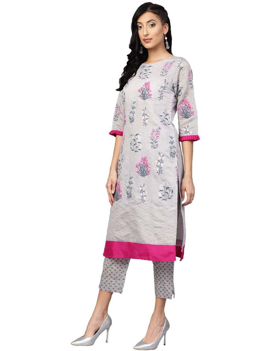 Ahalyaa Women Grey Chanderi Silk Printed Kurta Pant Set | Swadesiicart