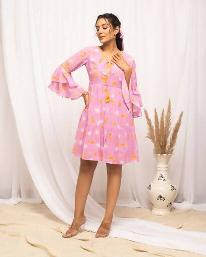 FIORRA Women's Light Pink Georgette Floral Printed Western Dress - Swadesiicart