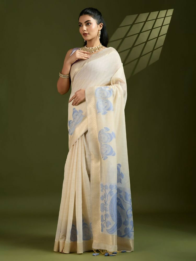 Vishnu Weaves Women's Blue Muga Cotton Thread Woven Saree with Blouse - Swadesiicart