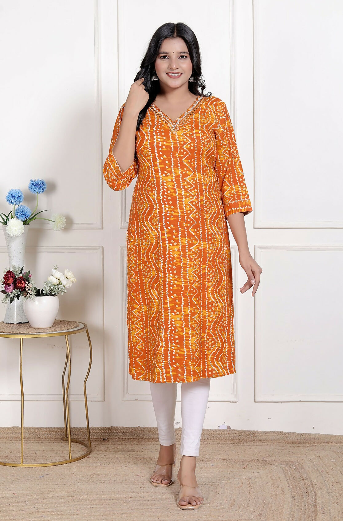 Miravan Womens Yellow Bandhani Printed Straight Kurti - Swadesiicart
