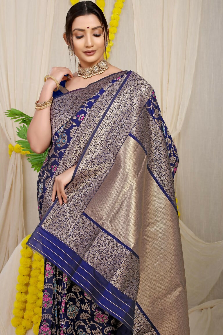 Jyoti Fashion Women's Navy Blue Kanjivaram Silk Zari Woven Saree with Blouse | Swadesiicart