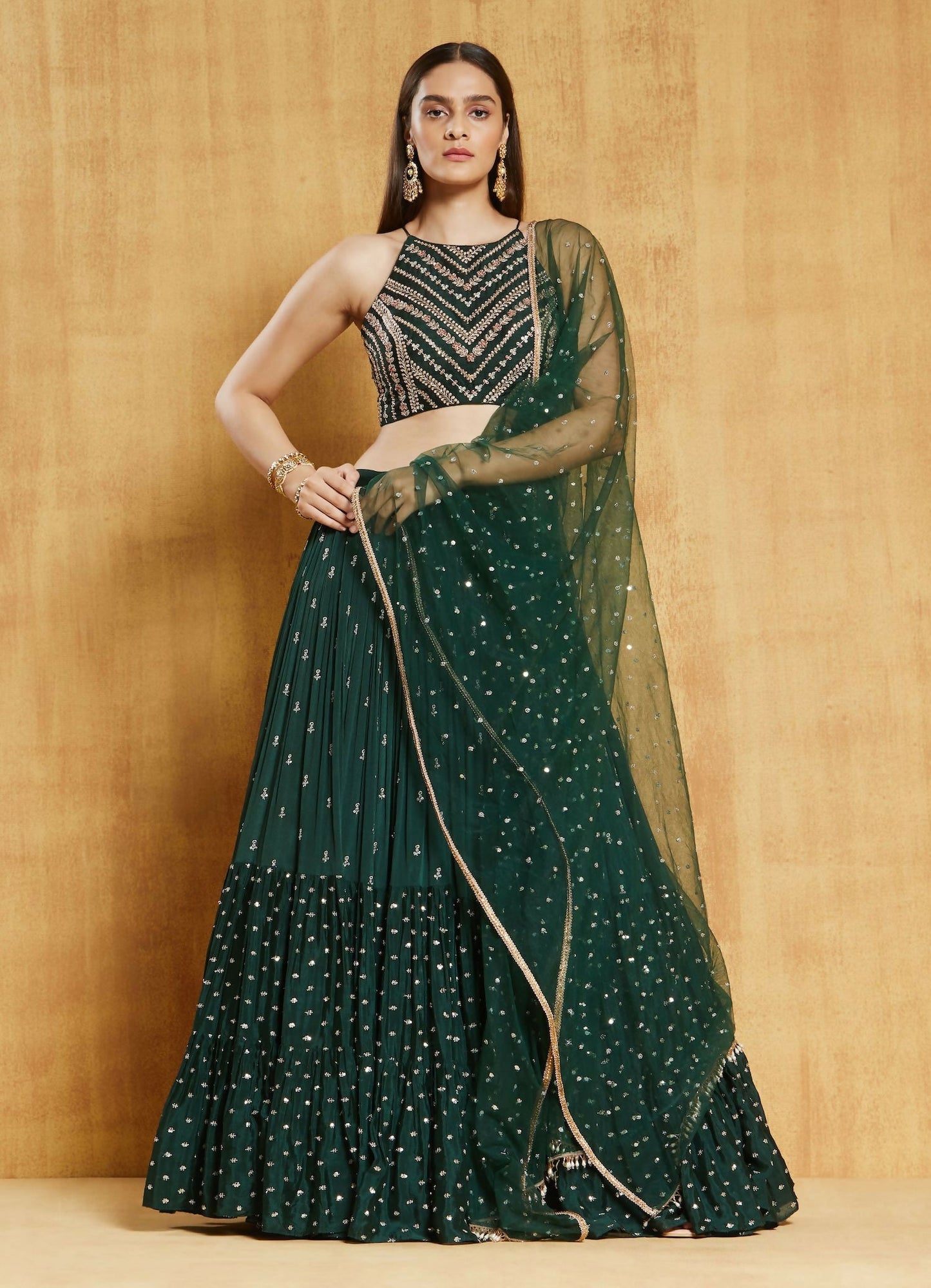 Jyoti Fashion Bottle Green Sequence Embroidery Georgette Designer Lehenga Choli with Dupatta | Swadesiicart