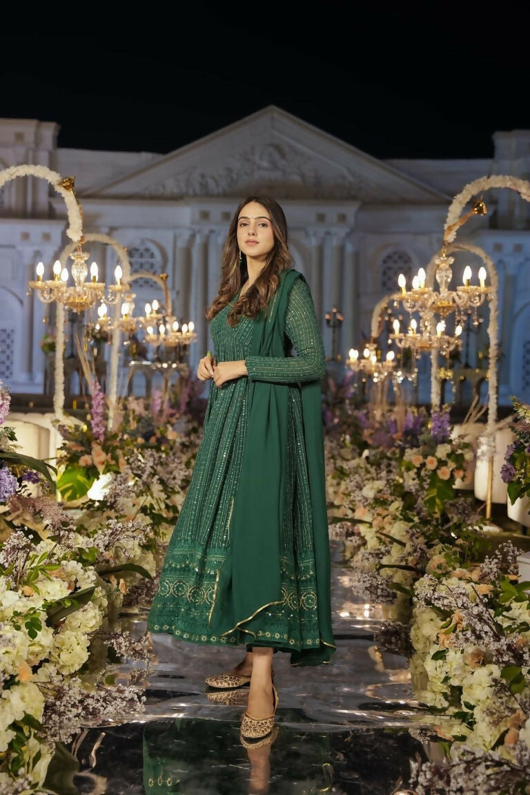 Jyoti Fashion Women's Green Faux Georgette Zari Embroidery with Sequence Anarkali Dress with Dupatta | Swadesiicart