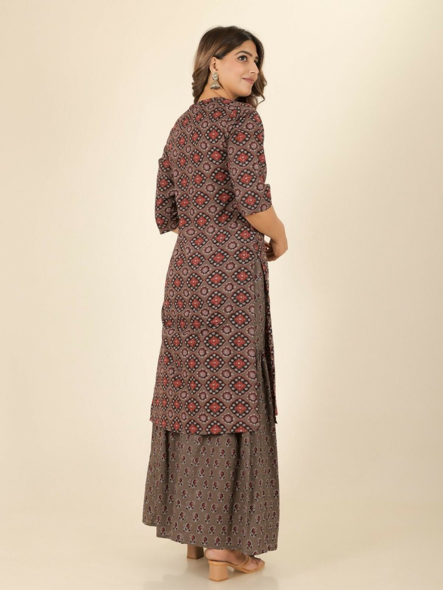 Aramya Brown Soft Cotton Geometric Print Straight Kurta Sharara Set for Women